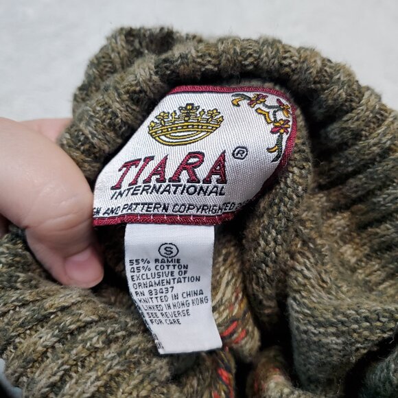 Tiara White Green Knit Fair Isle Cozy Everyday Fall Turtleneck Cardigan Women S - Picture 8 of 9